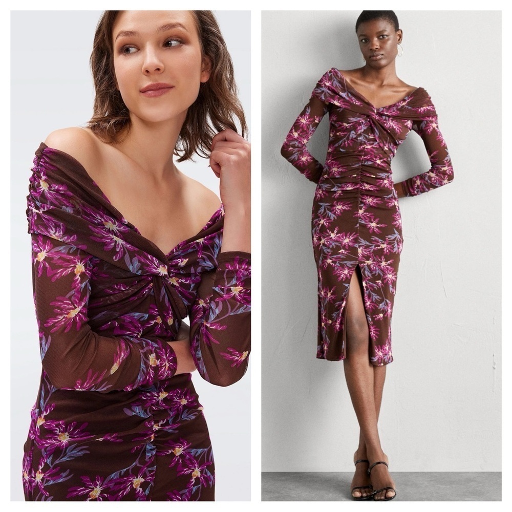DIANE VON FURSTENBERG / clementine ruched mesh floral midi dress  Bodycon XXS